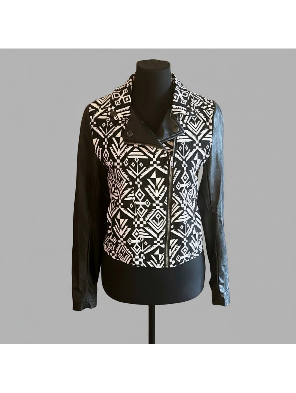 Blu Pepper Womens Moto Jacket Small Black White Aztec Print Bohochic